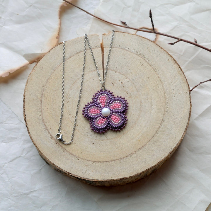 Windy North Designs Pink & Purple Floral Beaded Necklace & Earrings