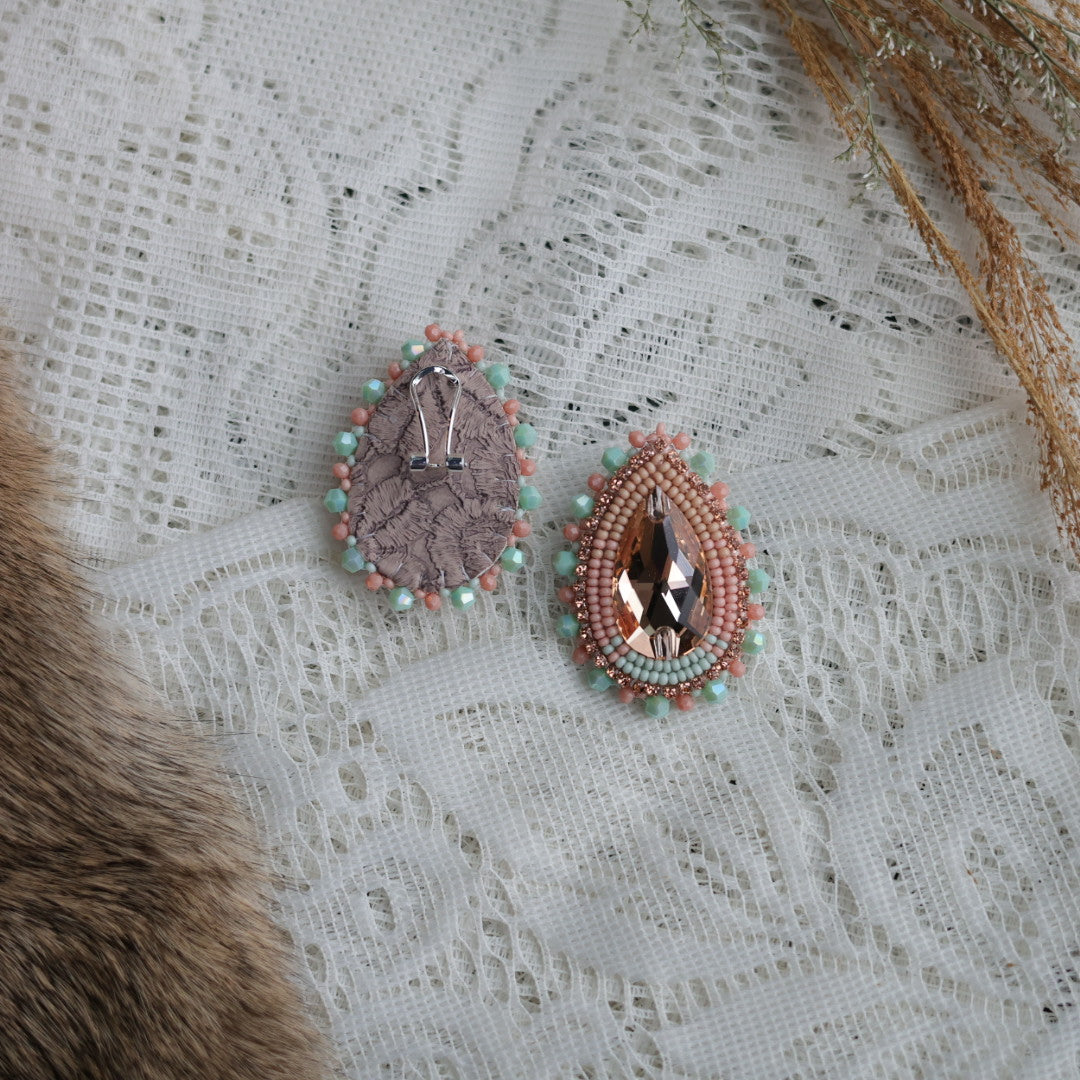 Prairie Sage Beadwork Peach Teardrop Beaded Earrings