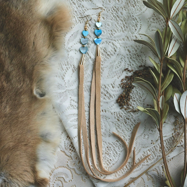 Prairie Sage Beadwork Dyed Mother of Pearl & Deer Hide Tassel Earrings