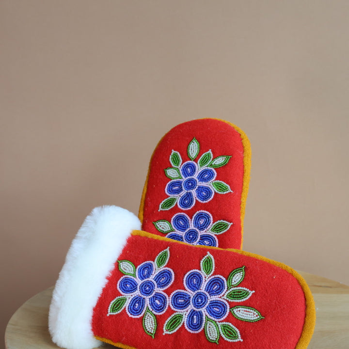 Emily J. Red Felt & Sheep Shearling Moose Hide Mittens