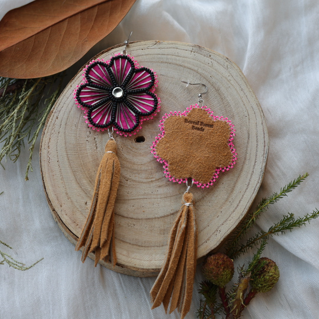Boreal Forest Beads Floral Moose Hide Tassel Earrings