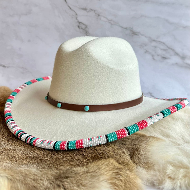 Shelley M Cream Beaded Brim Cowboy Hat with Turquoise Band