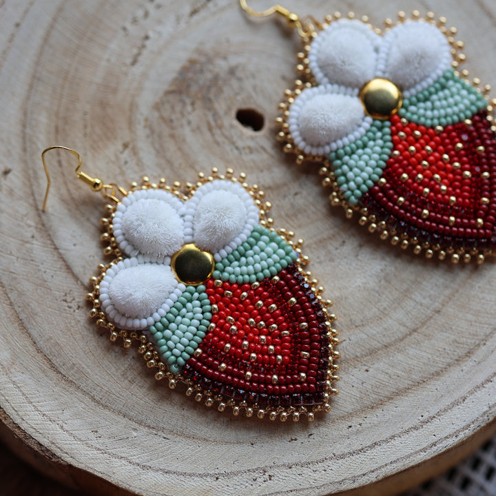 Prairie Sage Beadwork Tufted Blossoming Strawberry Earrings