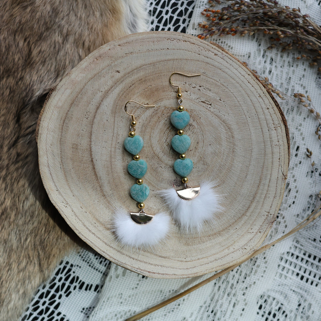 Prairie Sage Beadwork Amazonite &amp; Mink Fur Drop Earrings