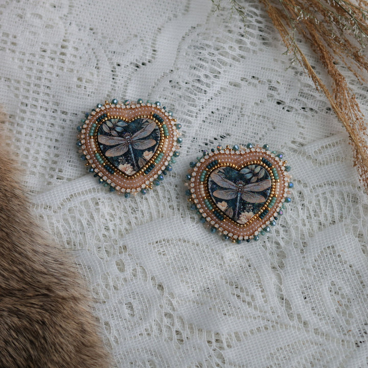 Prairie Sage Beadwork Teal Dragonfly Heart Beaded Earrings