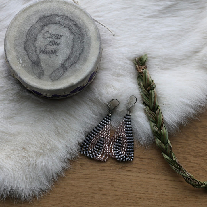 Clear Sky Woman Striped Criss Cross Looped Fringe Beaded Earrings