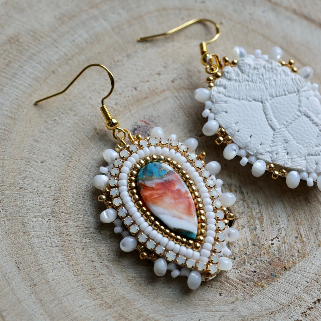 Prairie Sage Beadwork Spiny Oyster Turquoise Beaded Earrings