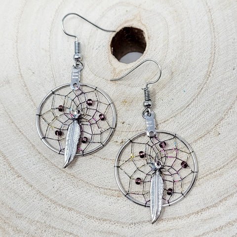 Metallic Pendant Earrings & Necklace Set w/ Feather