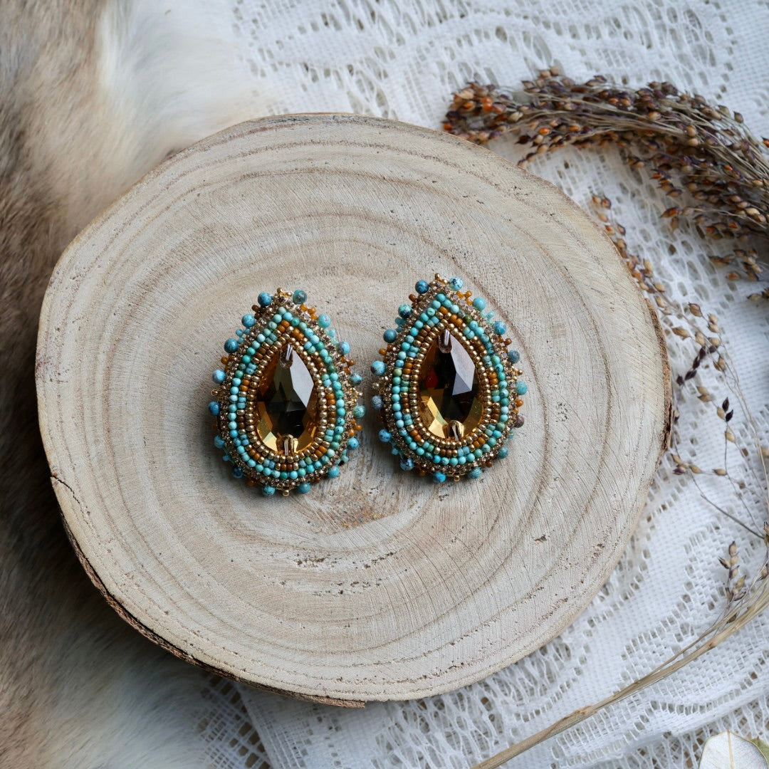 Prairie Sage Beadwork Turquoise Austrian Teardrop Beaded Earrings
