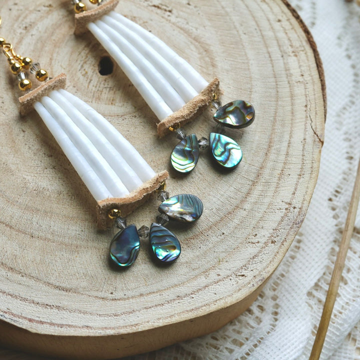 Prairie Sage Beadwork Abalone & Stacked Dentallium Earrings