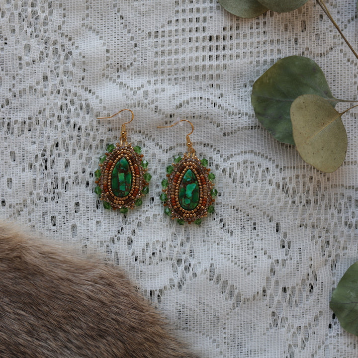 Prairie Sage Beadwork Green Copper Turquoise Stone Beaded Earrings