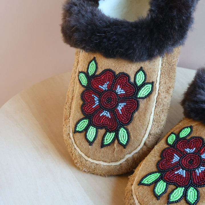 Emily J. Red 5-Petal Floral Moose Hide Moccasins