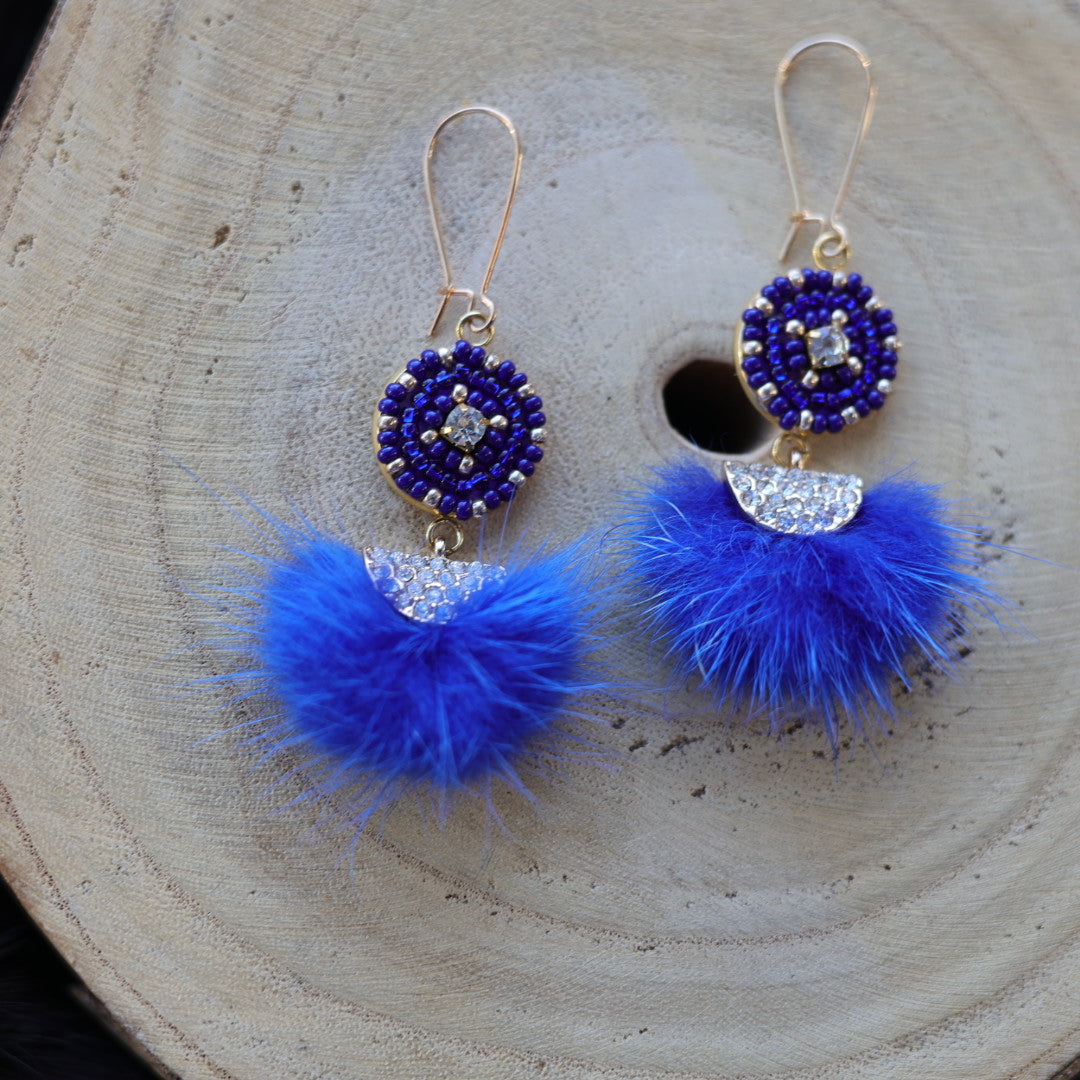 Helen Oro Designs Royal Blue Beaded Mink Drop Earrings