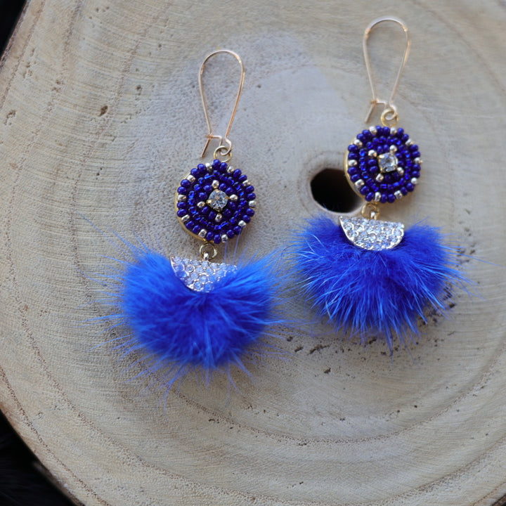 Helen Oro Designs Royal Blue Beaded Mink Drop Earrings