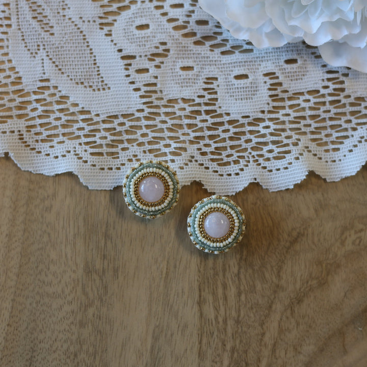 Emmiline Beadz Rose Quartz & Golden Beaded Earrings