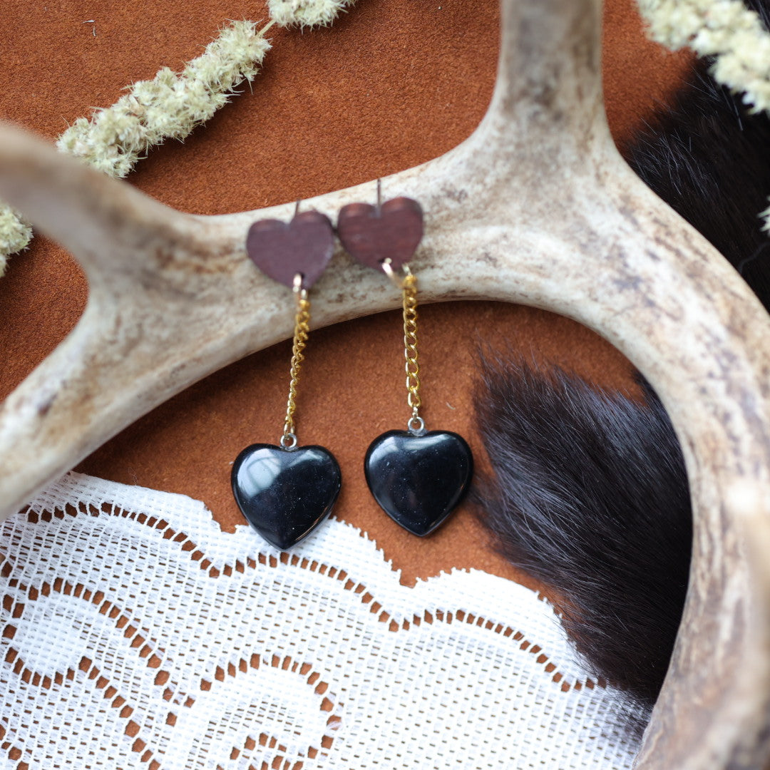 DMD Beadwork Onyx Heart Earrings
