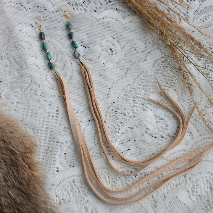 Prairie Sage Beadwork Turquoise & Deerhide Tassel Earrings