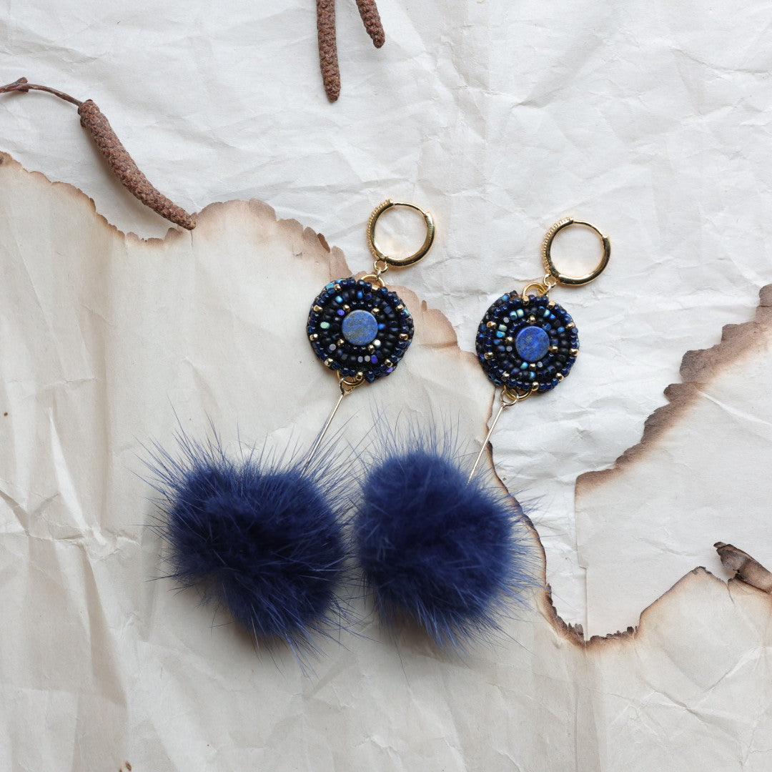 TLee Beads Tiny Lapis Lazuli Beaded Mink Pompom Earrings
