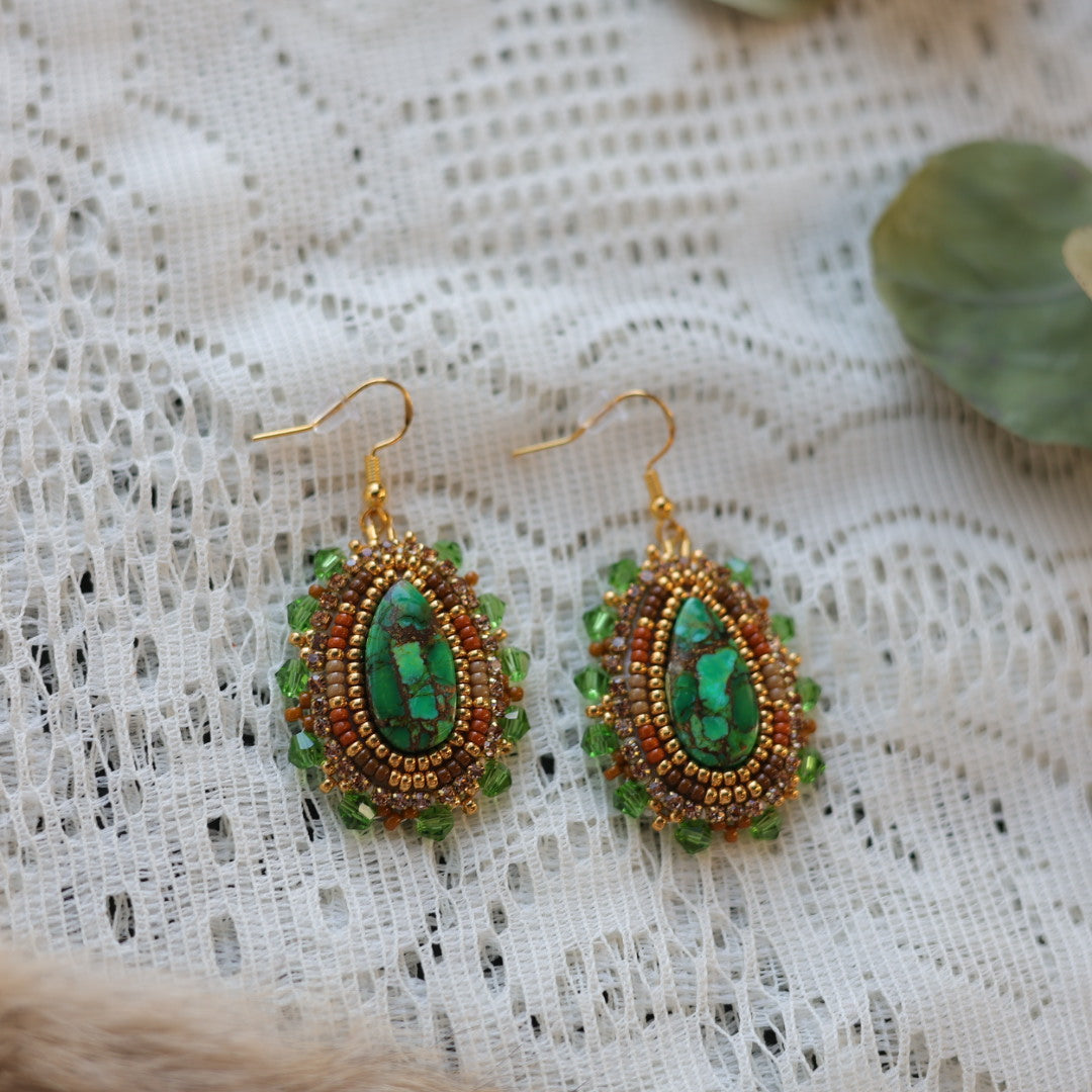 Prairie Sage Beadwork Green Copper Turquoise Stone Beaded Earrings