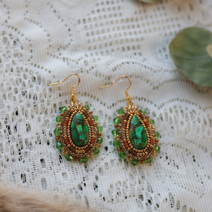 Prairie Sage Beadwork Green Copper Turquoise Stone Beaded Earrings