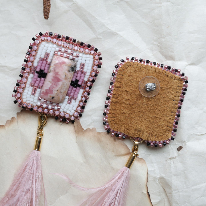 TLee Beads Convertible Ostrich Feather Rhodochrosite Beaded Earrings