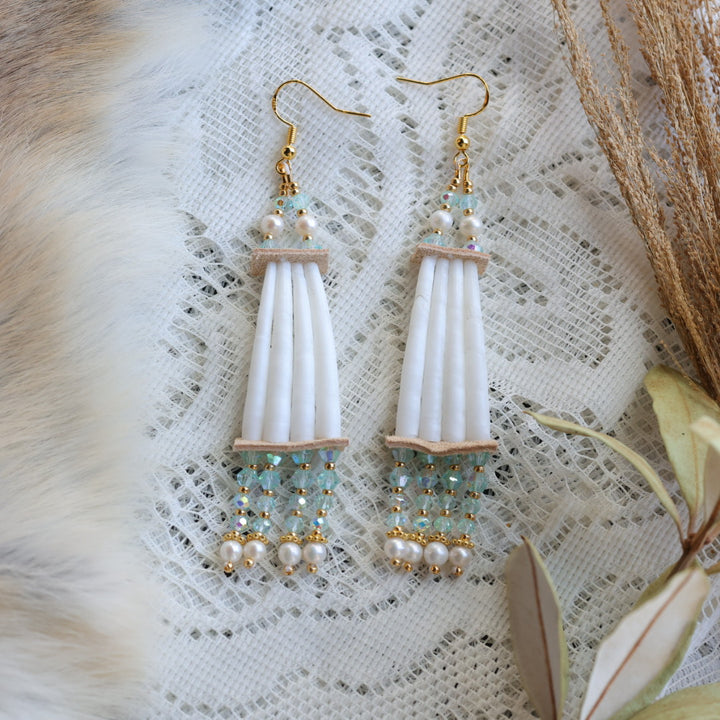Prairie Sage Beadwork Dentalium & Green Drop Earrings