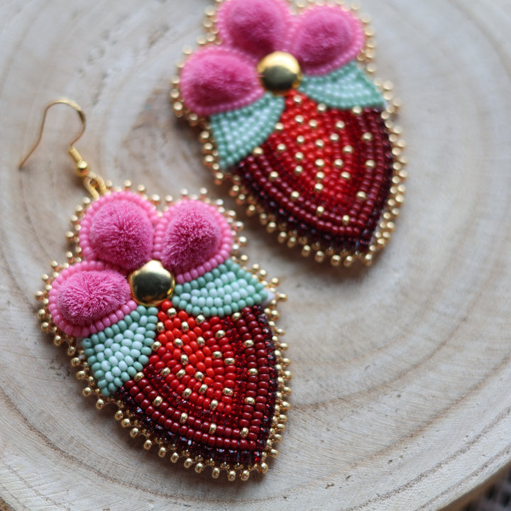 Prairie Sage Beadwork Tufted Blossoming Strawberry Earrings