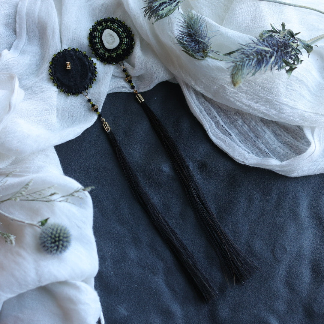 Beth Rose Designs Antler & Horsehair Olive Beaded Earrings