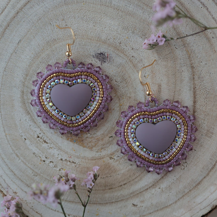 Sweetgrass Woman Creations Mauve & Gold Heart Beaded Earrings