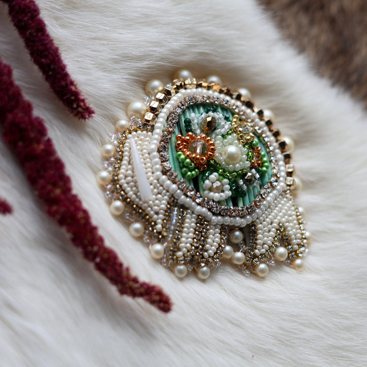 Mercedes G. Quill & Floral Beaded Bison Brooch