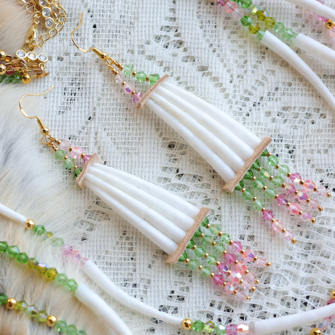 Prairie Sage Beadwork Green & Pink Dentalium Earrings & Necklace Set