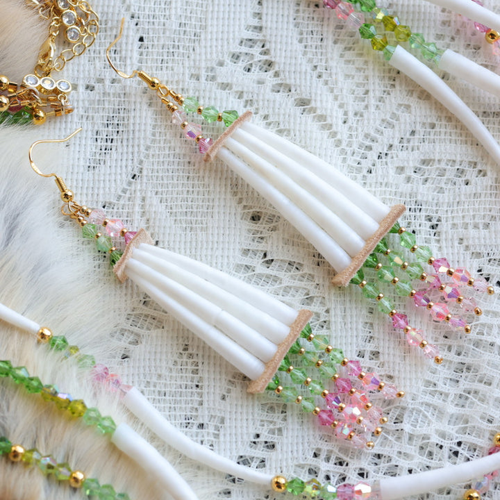 Prairie Sage Beadwork Green & Pink Dentalium Earrings & Necklace Set