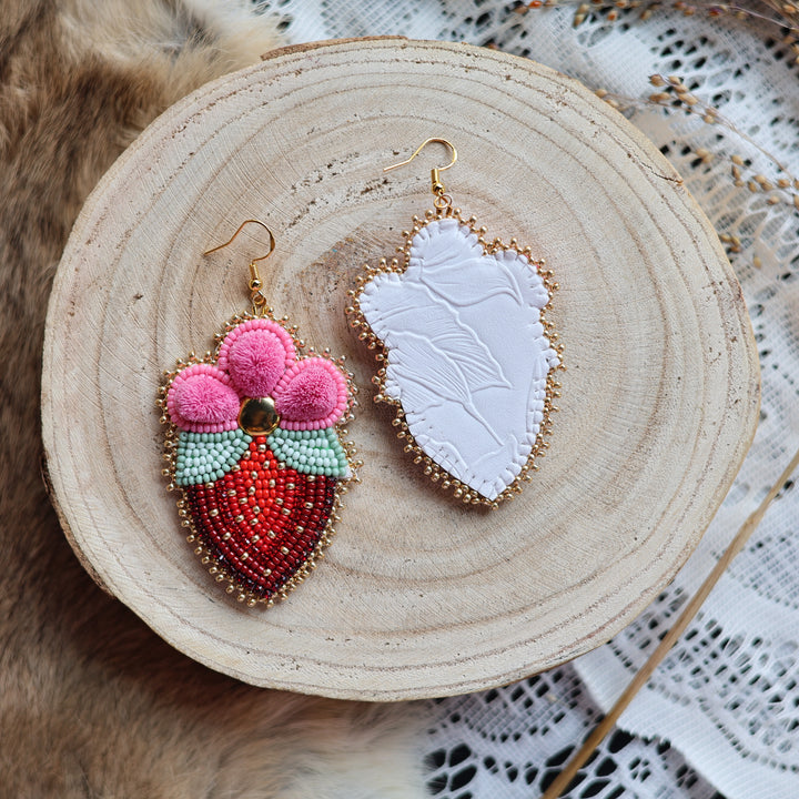 Prairie Sage Beadwork Tufted Blossoming Strawberry Earrings