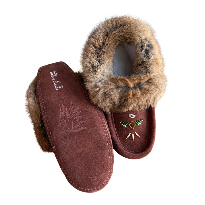 Laurentian Chief Ladies Fur Trimmed Moccasins Thunderbird Beaded Pattern