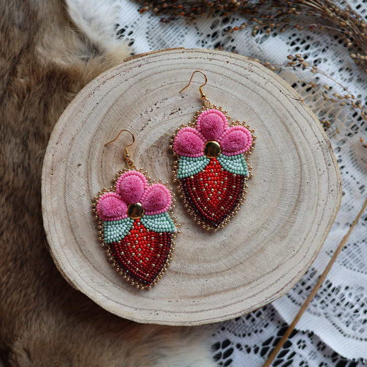 Prairie Sage Beadwork Tufted Blossoming Strawberry Earrings