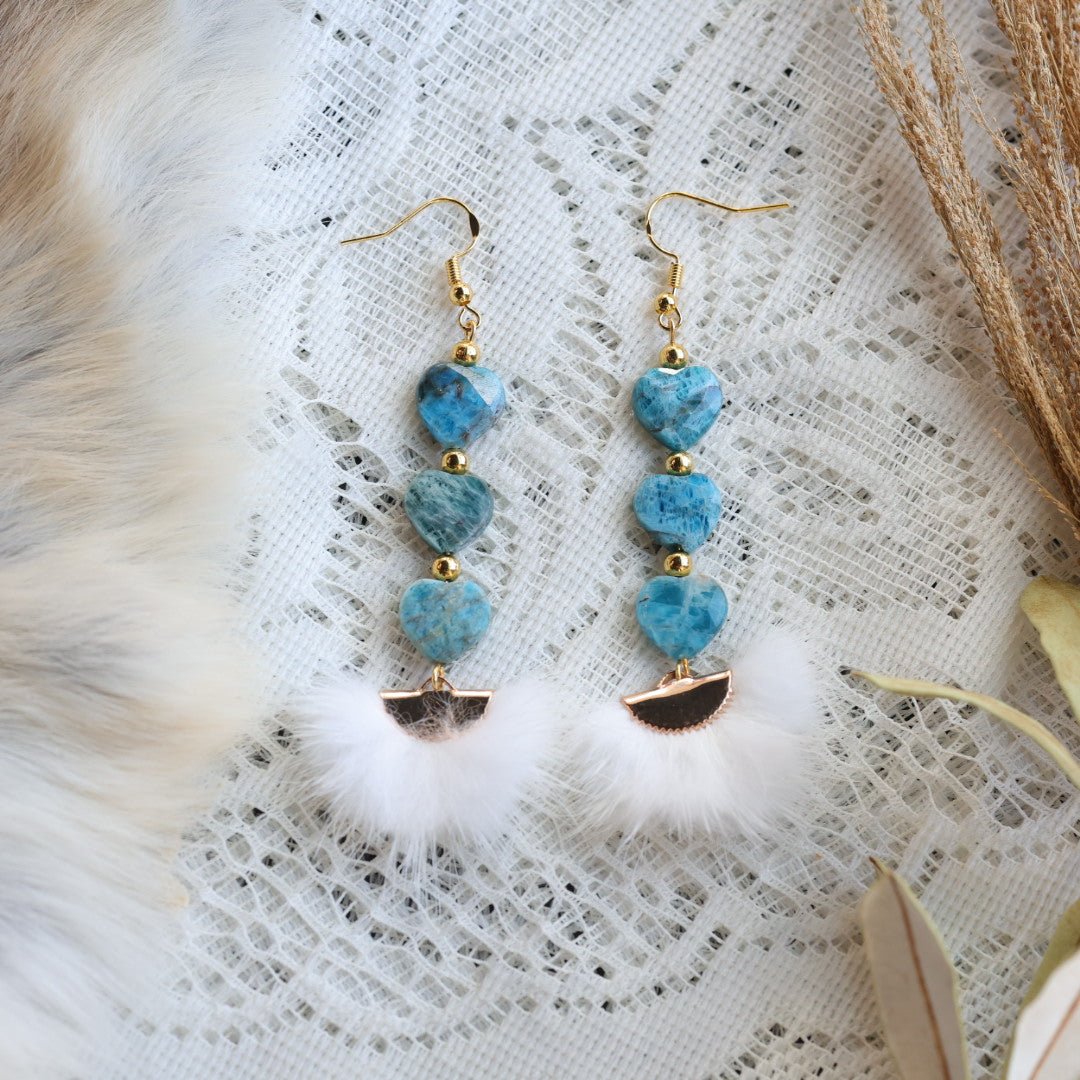 Prairie Sage Beadwork Apatite Heart &amp; Mink Fur Drop Earrings