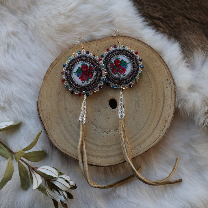 Mercedes G. Kokum Floral Beaded Earrings With Moose Hide Tassels