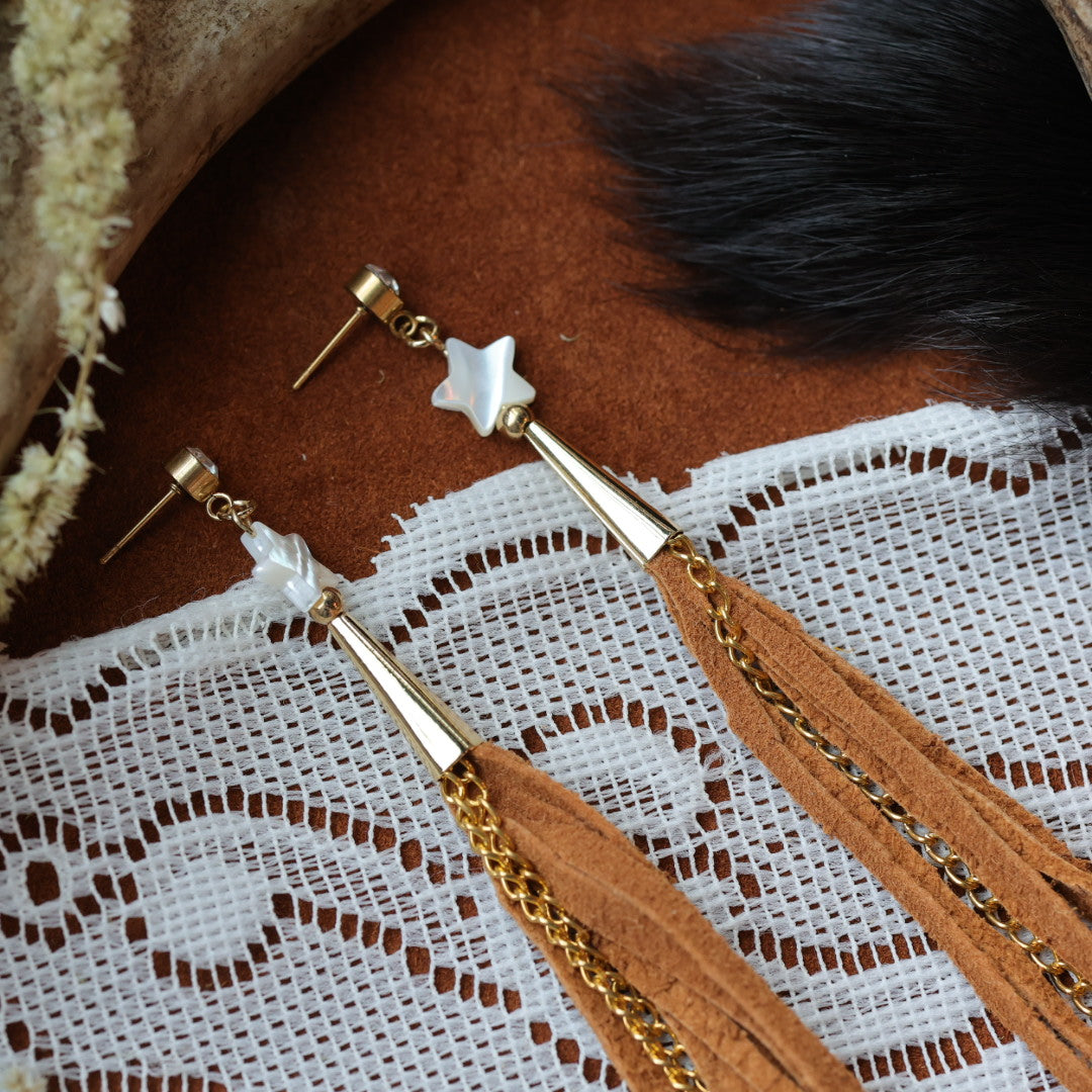 DMD Beadwork Star Hide Fringe Earrings
