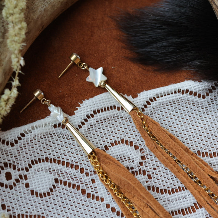DMD Beadwork Star Hide Fringe Earrings