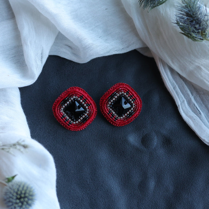 Beth Rose Designs Red & Black Square Beaded Earrings