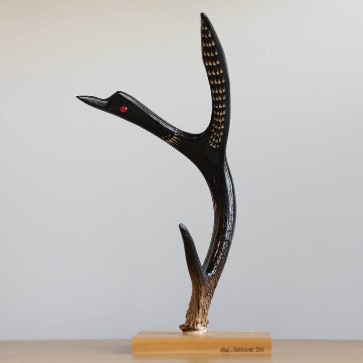 Rob Jerome Medium Loon Antler Carving on Wooden Base