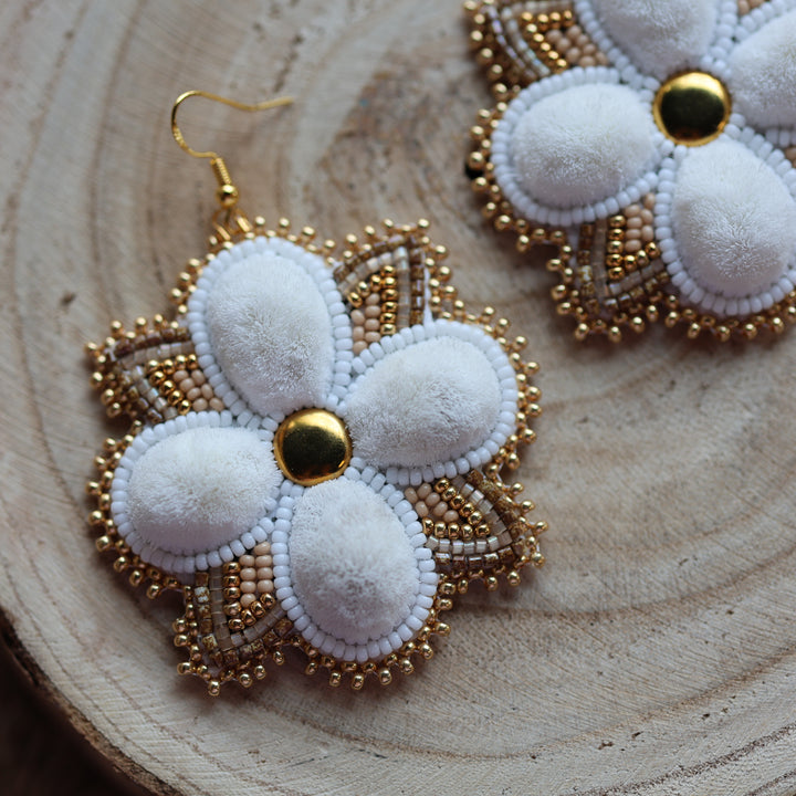 Prairie Sage Beadwork Tufted White Floral Earrings