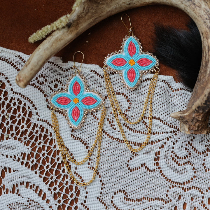 DMD Beadwork Turquoise Floral Beaded Earrings