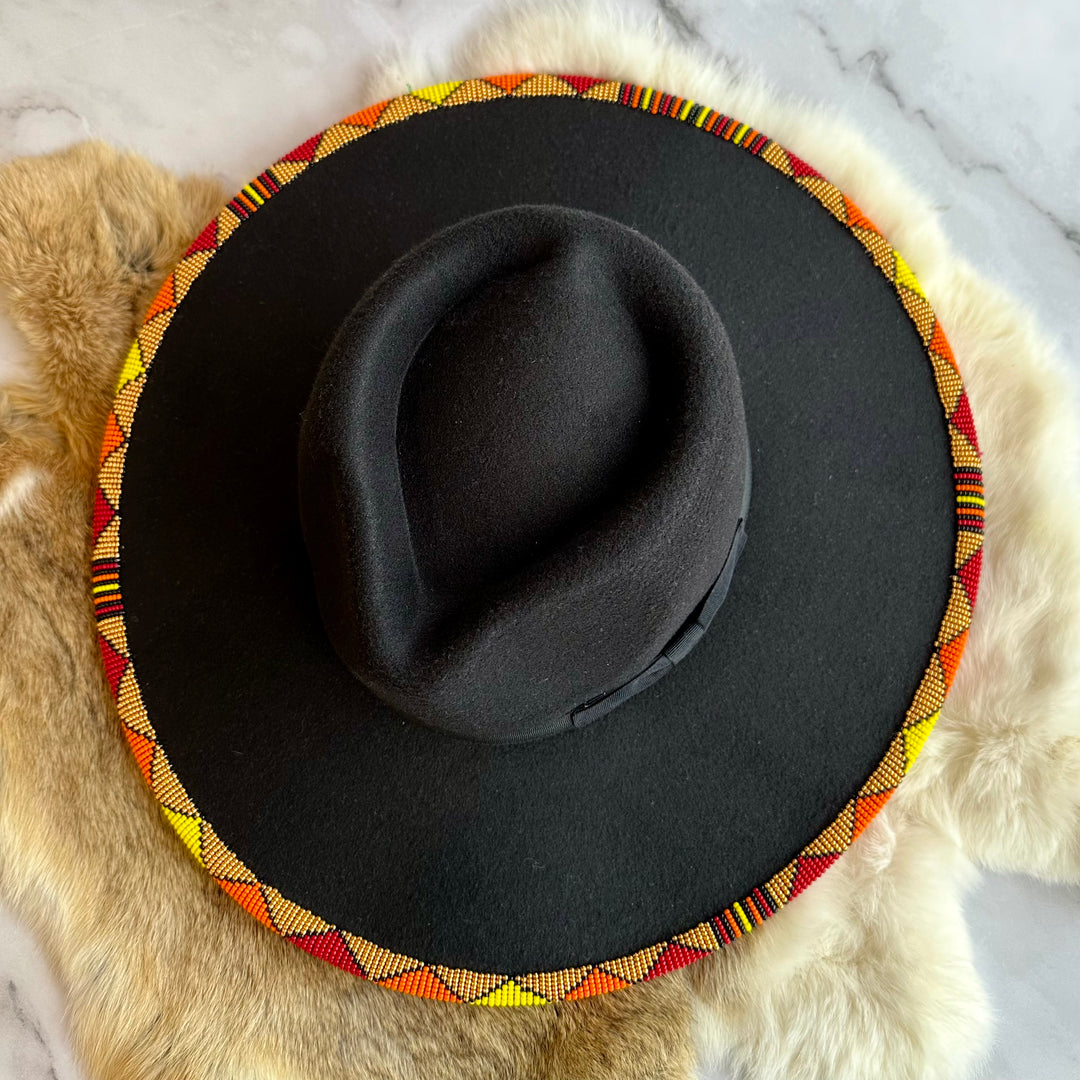 Shelley M Black Beaded Brim Hat with Kokum Scarf Underside