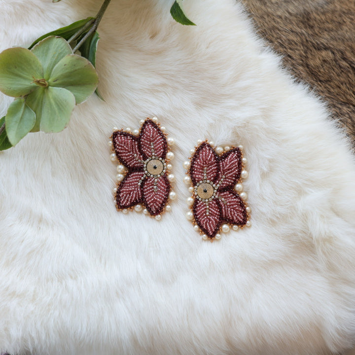 Mercedes G. Burgundy Raised Half Floral Earrings Small