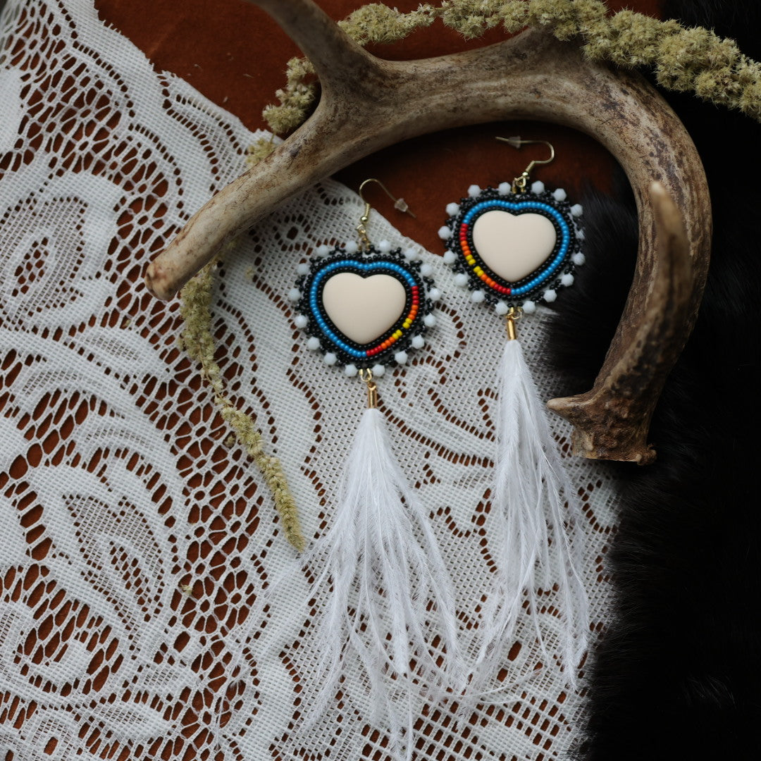 DMD Beadwork Beaded Ostrich Feather Heart Earrings
