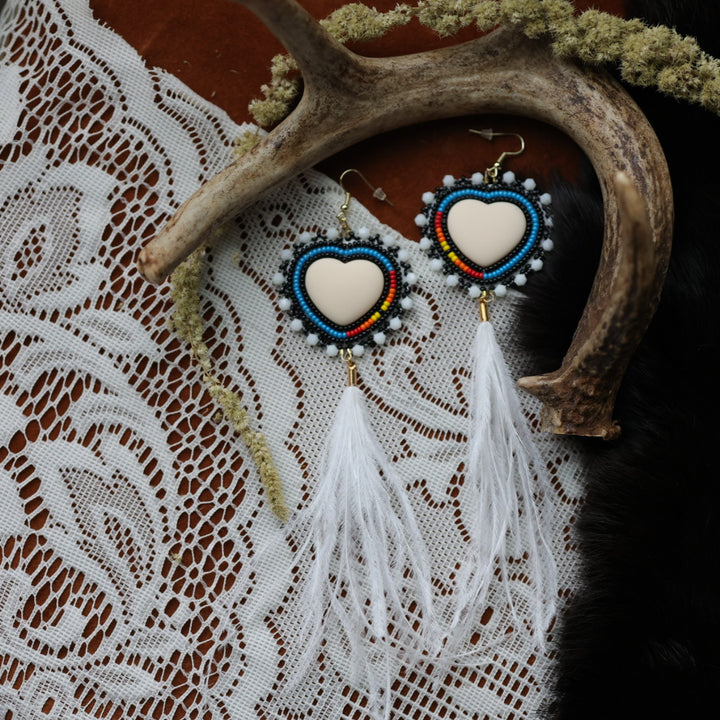 DMD Beadwork Beaded Ostrich Feather Heart Earrings
