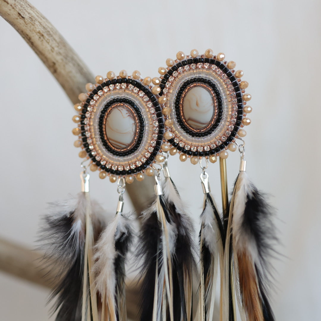 Beaded Blends Champagne Beaded Statement Feather Earrings