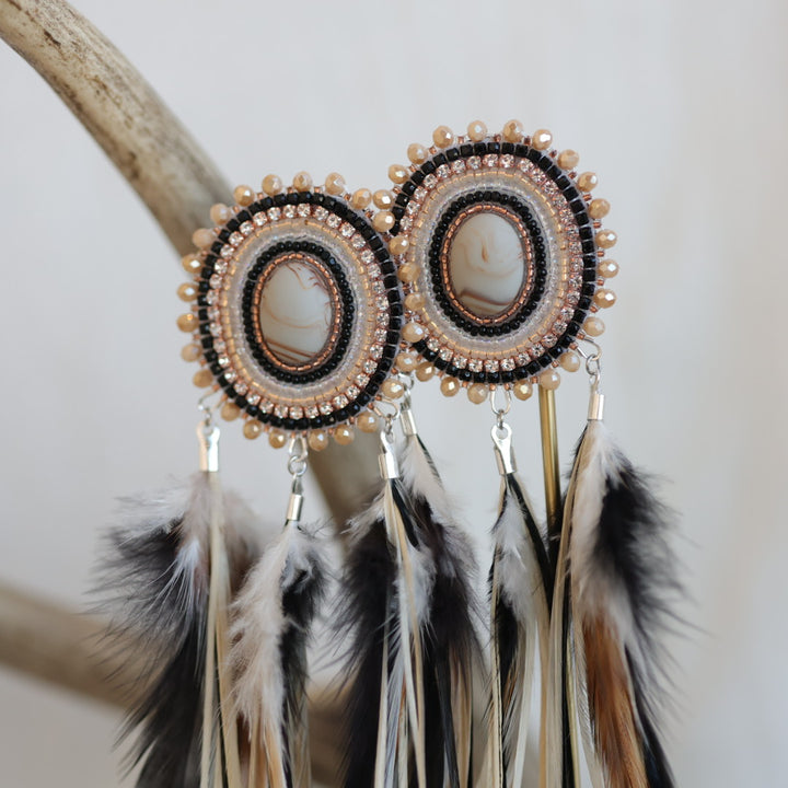 Beaded Blends Champagne Beaded Statement Feather Earrings
