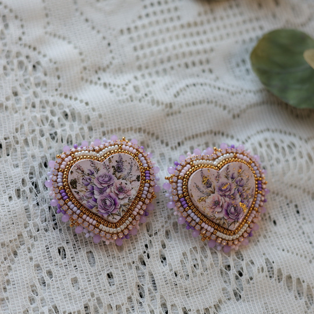Prairie Sage Beadwork Purple Floral Heart Beaded Earrings
